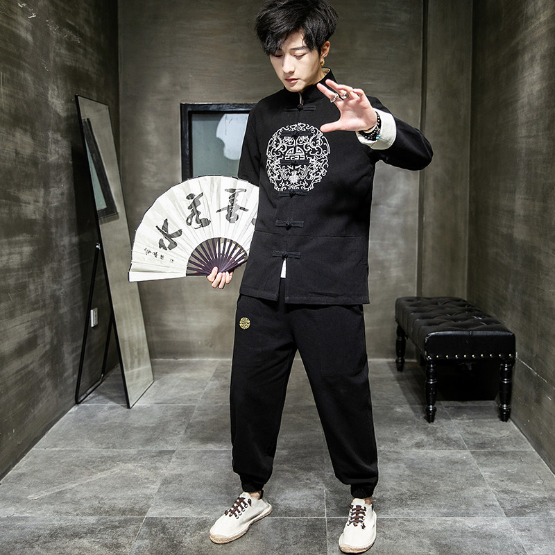 A1002秋冬中国风2020圆刺绣棉麻盘扣/唐装/汉服套装P130,男装民族服装,钱塘7008(原4008)