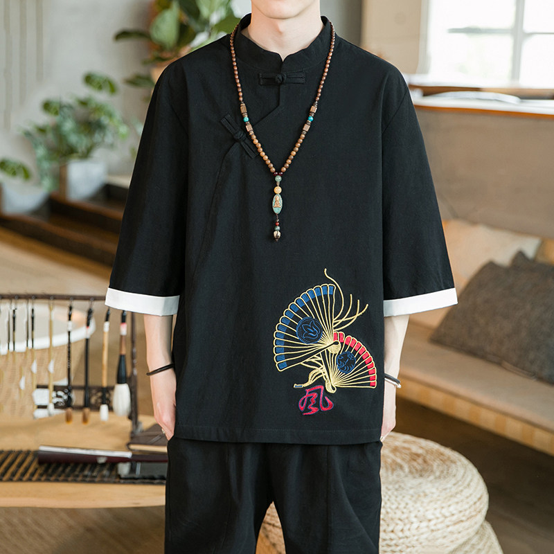 A3015咖啡厅中国风2021夏扇子刺绣斜扣设计短袖T恤p55,男装T恤,钱塘7008(原4008)
