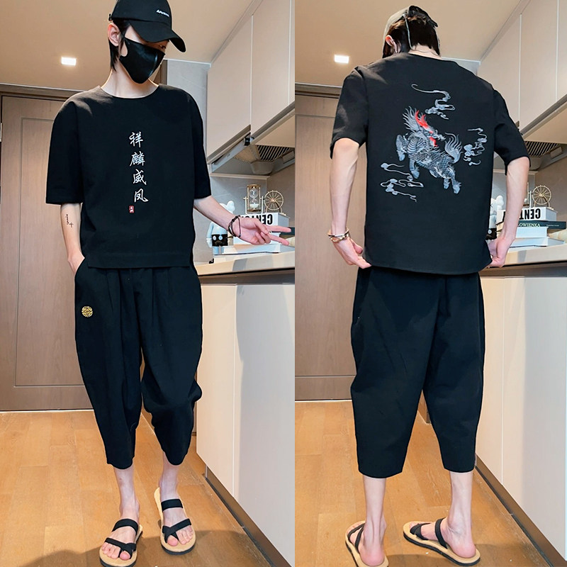 风2026夏 龙刺绣棉麻 T恤+七分裤套装A722-P90图片