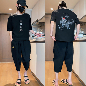 风2026夏 龙刺绣棉麻 T恤+七分裤套装A722-P90图片