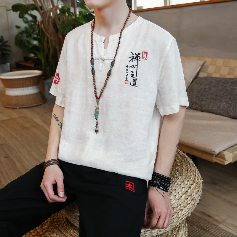 棉麻特价风夏2026男式盘扣刺绣短袖衬衫CS03-p25，男装T恤，钱塘7008(原4008)