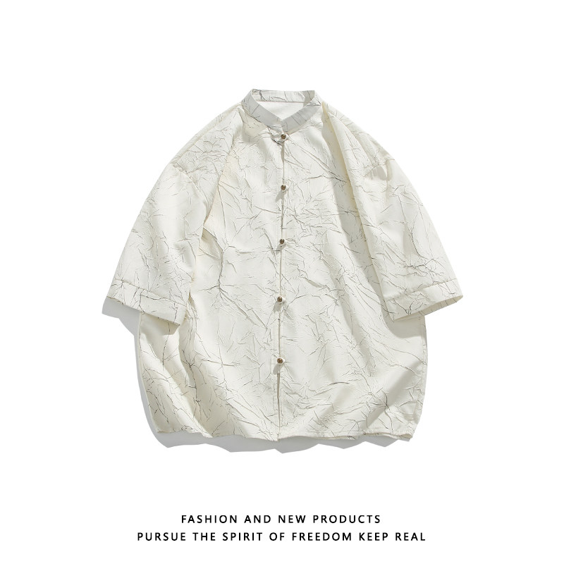 烫金褶皱设计夏季新品2026风汉服短袖衬衫/衬衣A811-p65,男装T恤,钱塘7008(原4008)