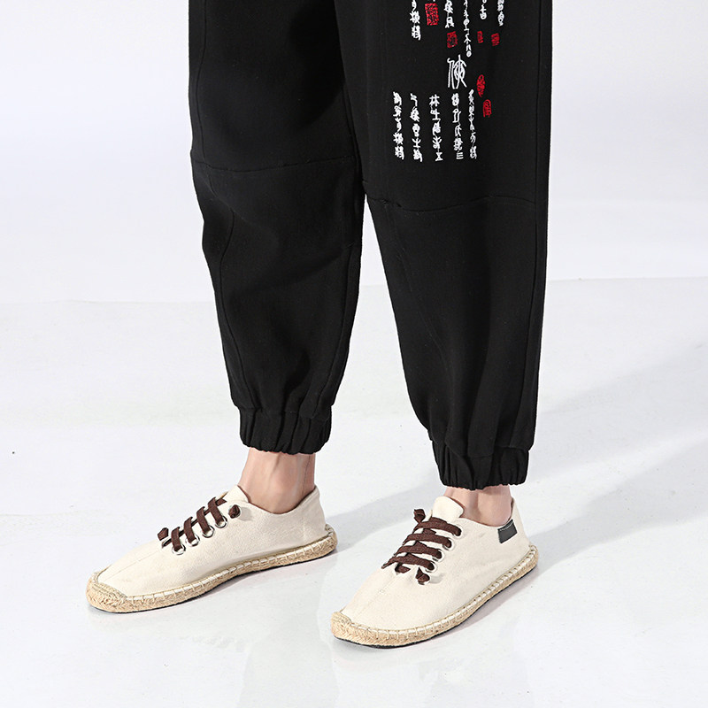 A506风大码2021秋冬文字刺绣棉麻哈伦裤休闲裤子,男装休闲裤,钱塘7008(原4008)