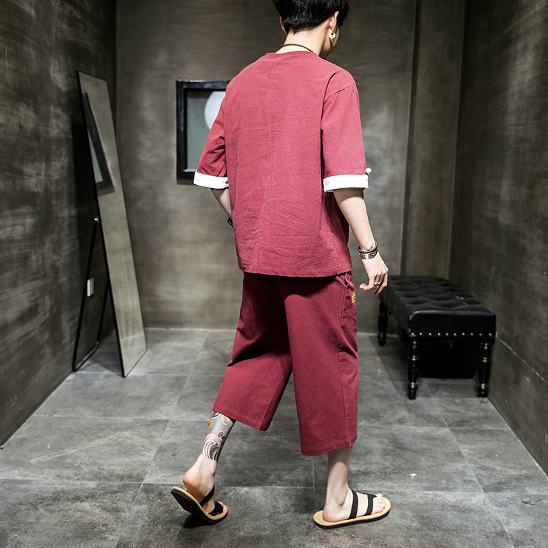 A1028*跑量2021夏款套装简约款棉麻5色短袖T恤+七分裤P85,男装休闲套装,钱塘7008(原4008)