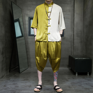 夏款2026大码风拼色冰丝面料盘扣汉服短袖套装A873-p90