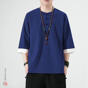 6色风夏2025仿麻冰丝盘扣 男 汉服短袖 T恤A877新中式p40图片