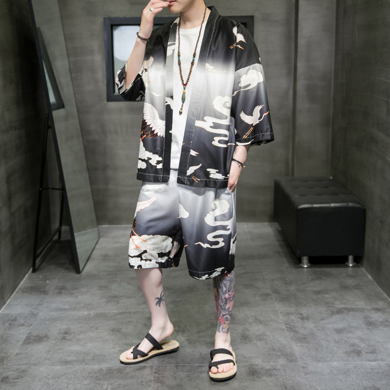A3028*大码2021中国风仙鹤渐变冰丝面料汉服套装p80,男装休闲套装,钱塘7008(原4008)