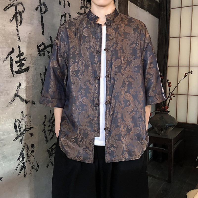 八角花提花夏季新品2025风汉服短袖衬衫/衬衣A685-p48,男装T恤,钱塘7008(原4008)