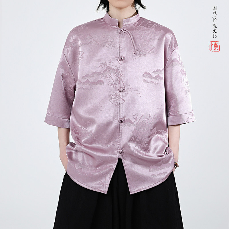 扇子提花夏季新品2025风汉服短袖衬衫/衬衣A679-p65,男装衬衫,钱塘7008(原4008)