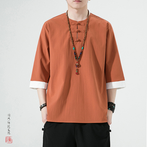 现货6色风夏2026仿麻冰丝盘扣 男 汉服短袖 T恤A877新中式p40图片