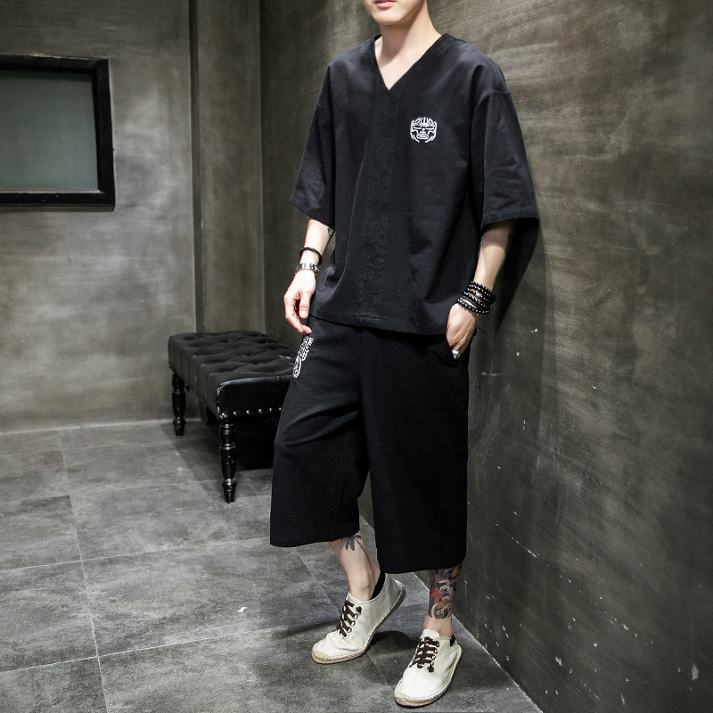 A1036*中国风夏2021大码刺绣棉麻短袖T恤+七分裤套装P80,男装休闲套装,钱塘7008(原4008)