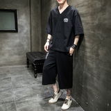 A1036*中国风夏2021大码刺绣棉麻短袖T恤+七分裤套装P80，男装休闲套装，钱塘7008(原4008)