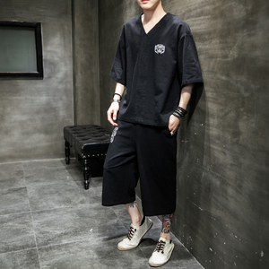 A1036*中国风夏2021大码 刺绣棉麻 短袖T恤+七分裤套装P80图片