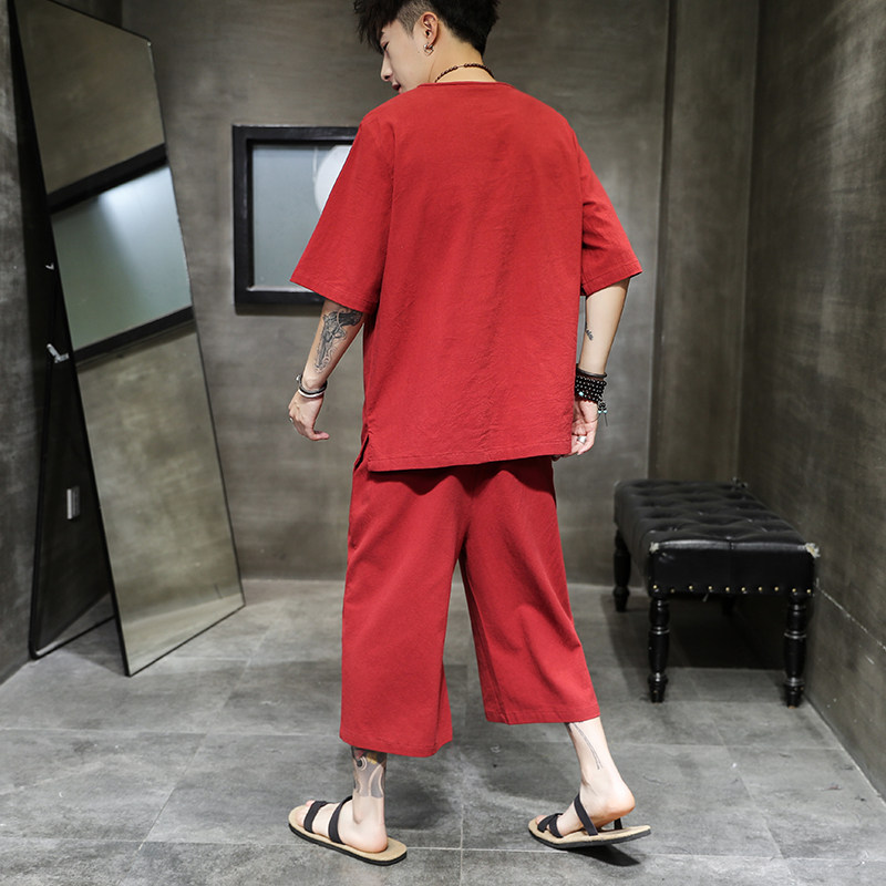 A1076*夏装2021大码刺绣祥云T恤+七分裤套装P85,男装休闲套装,钱塘7008(原4008)