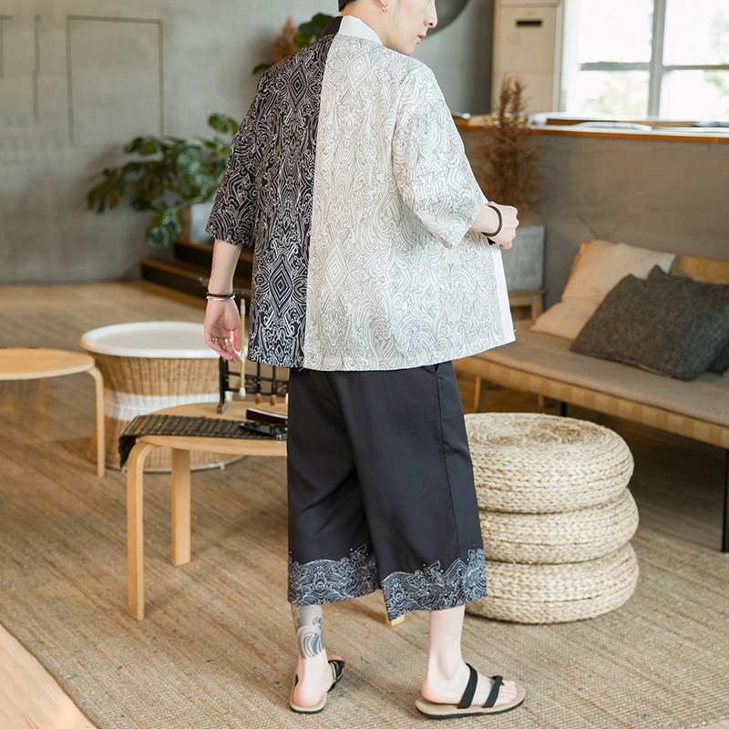 A3017*咖啡厅大码2021中国风数码冰丝开衫套装汉服套装p90，男装休闲套装，钱塘7008(原4008)