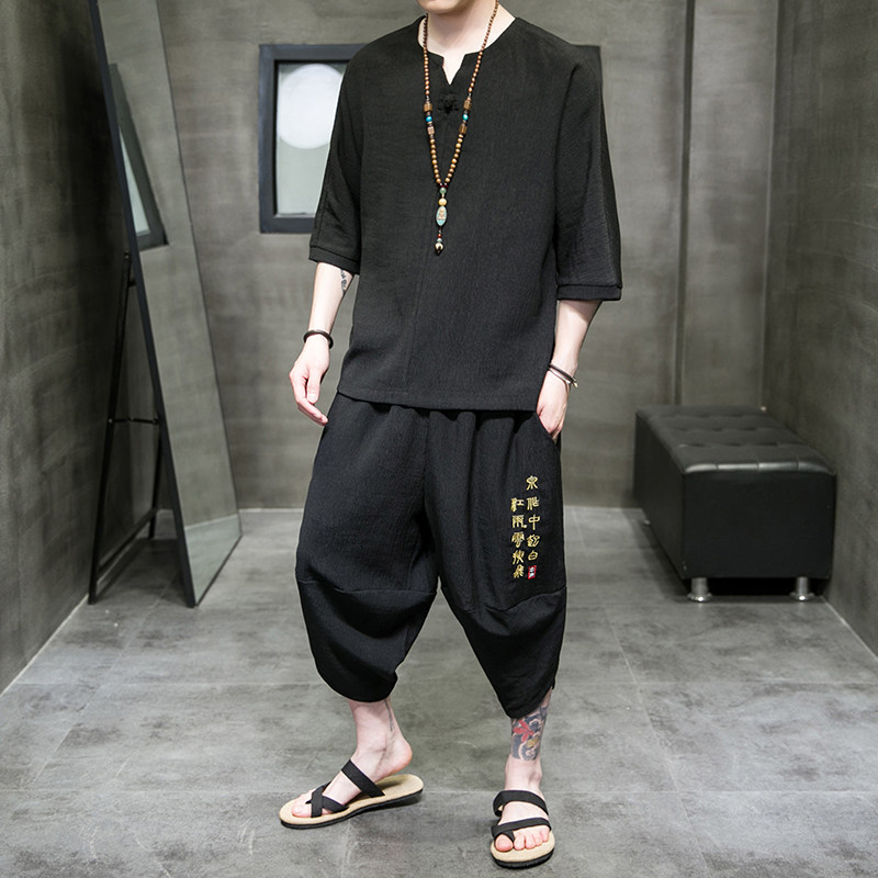 A3002*中国风2021新 冰丝树皮皱 T恤+七分裤哈伦裤套装P90图片