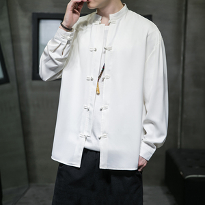 风2026春百搭白色 亮面缎纹 唐装 汉服长袖衬衫A7100* P68图片