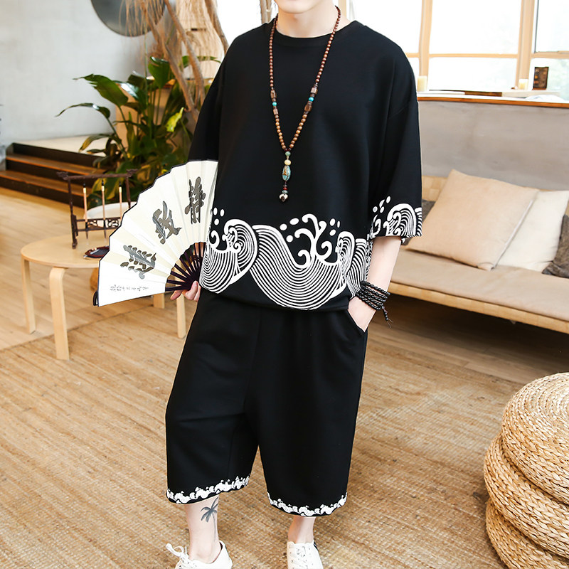 A206*中国风2021夏套装 个性印花针织 T恤+八分裤P88(控价108)图片