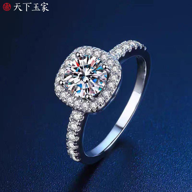 一克拉小方糖莫桑石戒指女开口可调节活口高级感925银钻戒