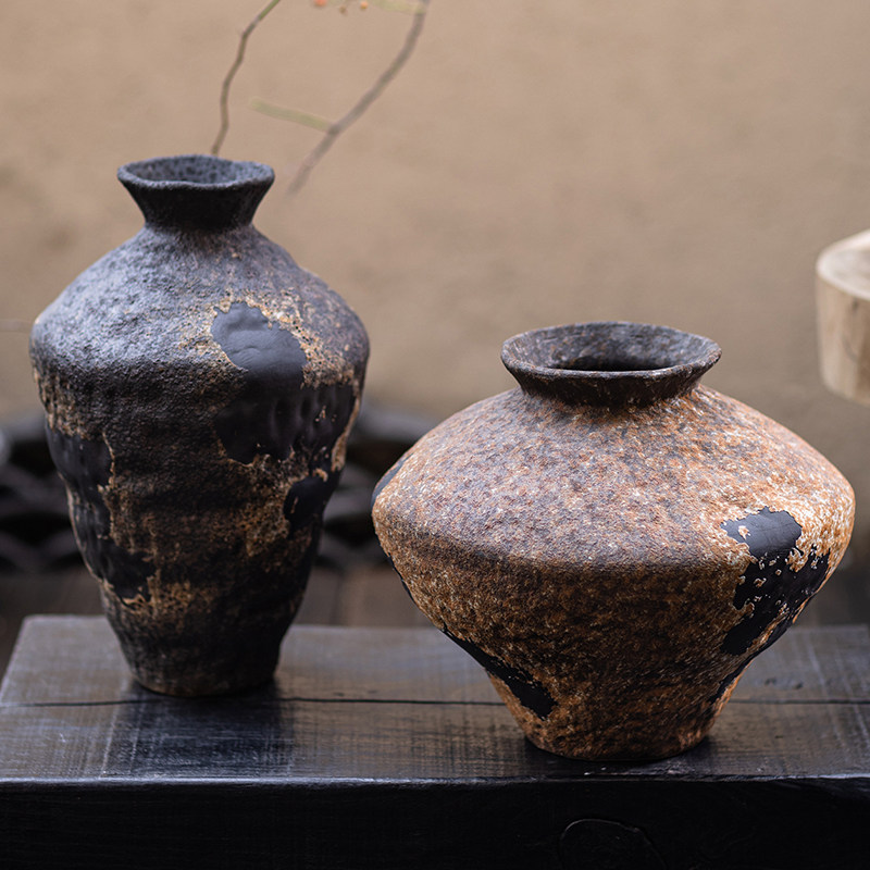 复古粗陶花瓶摆件客厅插花水培器皿陶罐花器禅意侘寂风花瓶陶瓷
