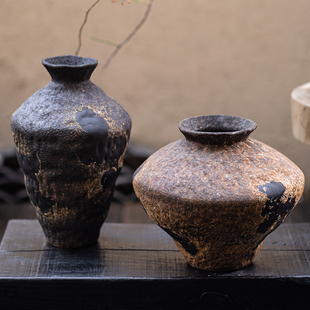 复古粗陶花瓶摆件客厅插花水培器皿陶罐花器禅意侘寂风花瓶陶瓷