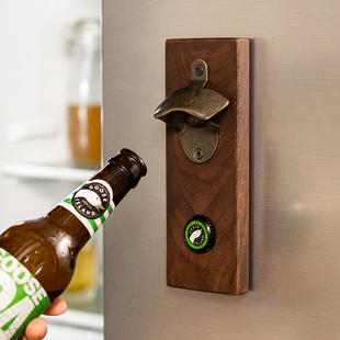 冰箱贴开瓶器创意黑胡桃木壁挂墙面装饰摆件高级感磁吸啤酒瓶起子