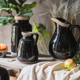 复古黑色陶罐花瓶摆件仿古做旧素烧黑釉粗陶罐装饰侘寂风陶瓷花瓶