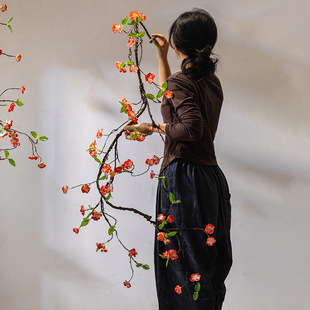 仿真花高级感海棠花干花中古风假花造景客厅玄关摆设中式禅意长枝