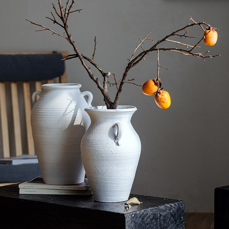 复古粗陶花瓶侘寂风白色大号客厅装饰粗陶瓷中古风陶罐花瓶摆件