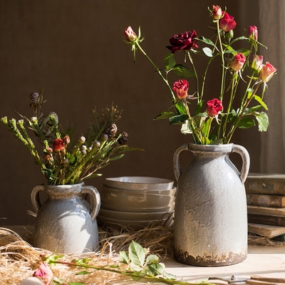 掬涵花园复古双耳陶瓷瓶花瓶花器装饰摆件 复古中式美式乡村