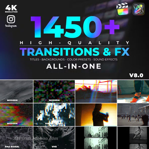 1450+转场特效调色预设字幕背景FCPX插件