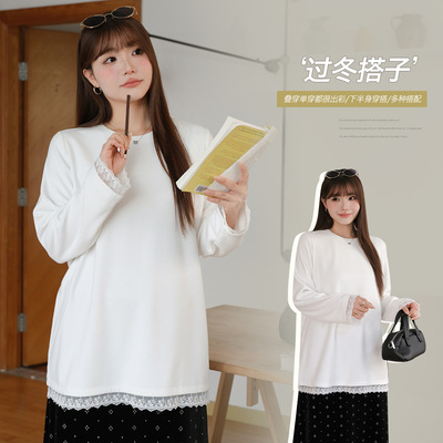 韩系正肩蕾丝拼接圆领上衣女胖mm大码女装宽松遮肉长袖T恤66115