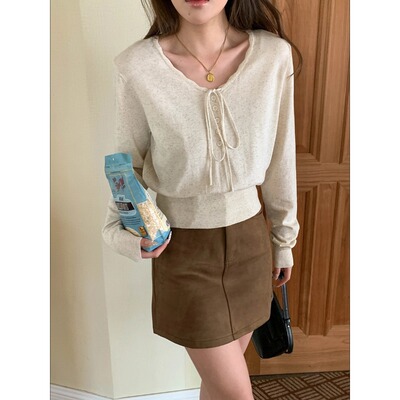 海曼女装盐系少女 韩系蝴蝶结系带收腰显瘦针织衫ZY3992