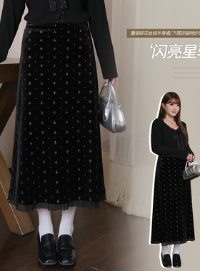 高腰丝绒碎花A字加绒半身裙女胖mm大码女装加厚遮肉显瘦裙子66116