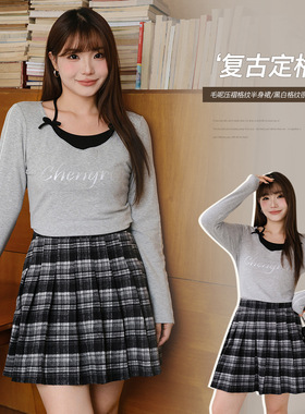 百搭高腰格纹A字磨毛百褶裙女胖mm大码女装遮肉显瘦半身裙66109