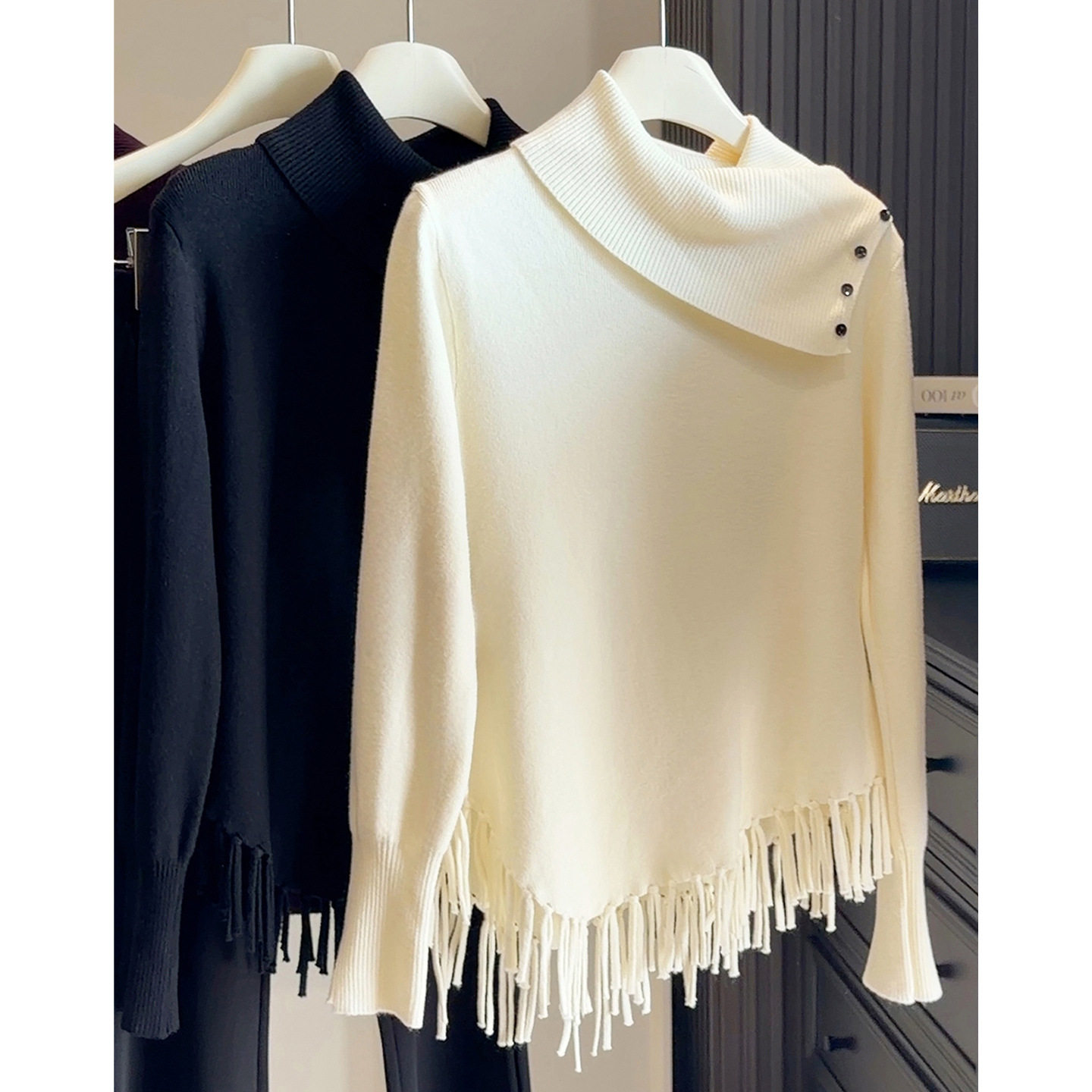 设计感不规则翻领流苏针织衫女秋冬新款宽松百搭气质显瘦纯色毛衣