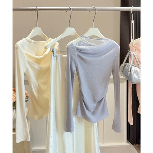 纯欲蕾丝拼接褶皱长袖荡领针织衫女春2026修身显瘦毛衣打底衫上衣