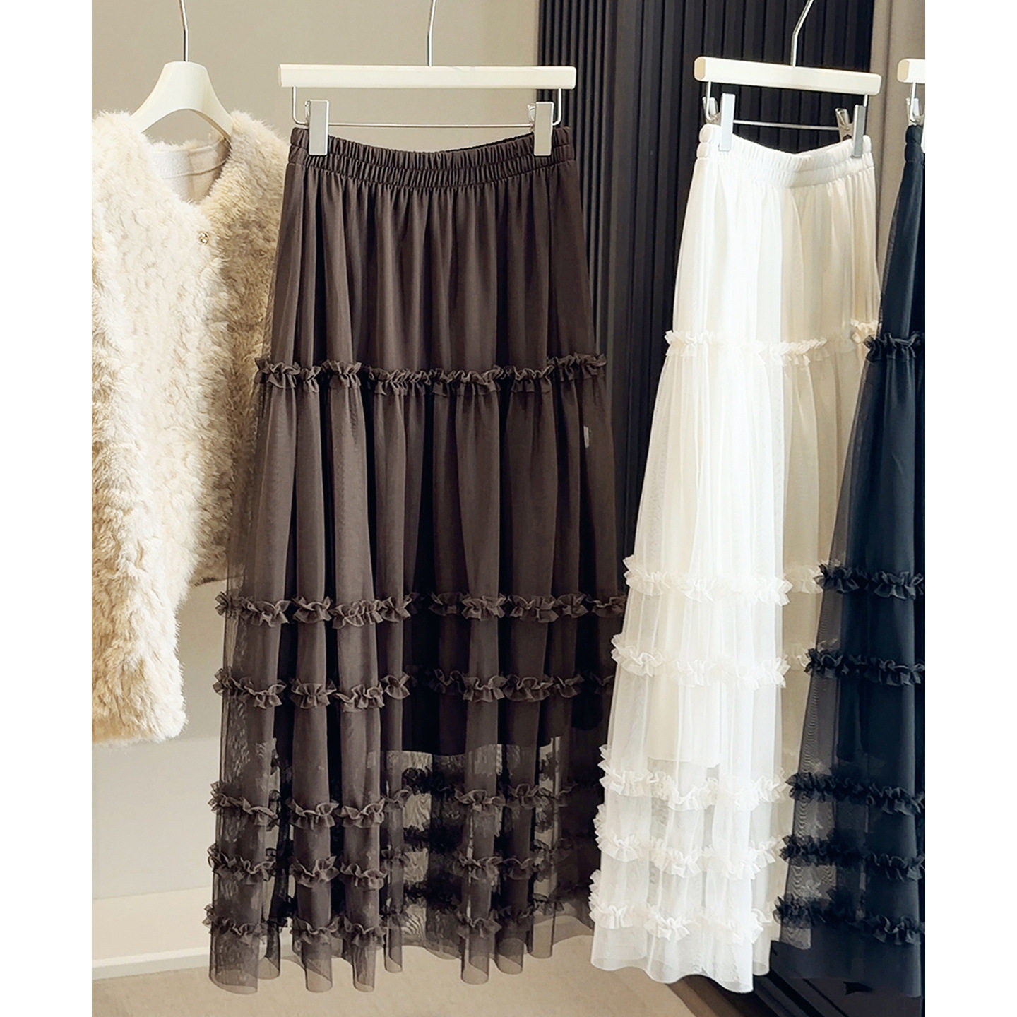 法式木耳边拼接加绒网纱层层蛋糕裙女2025秋冬高腰显瘦A字半身裙