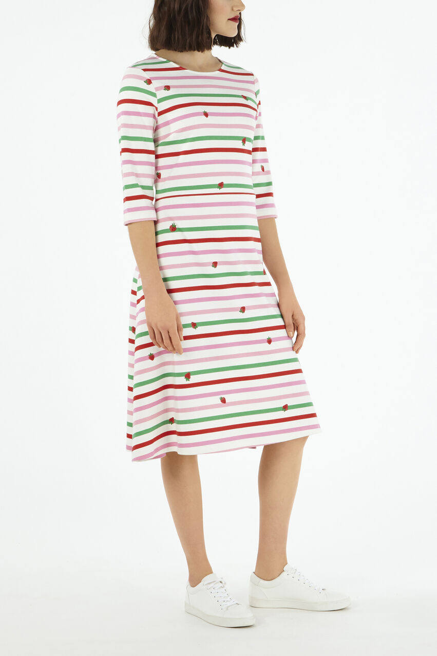 现货！cath kidston 女士春秋彩色条纹草莓全棉长袖连衣裙
