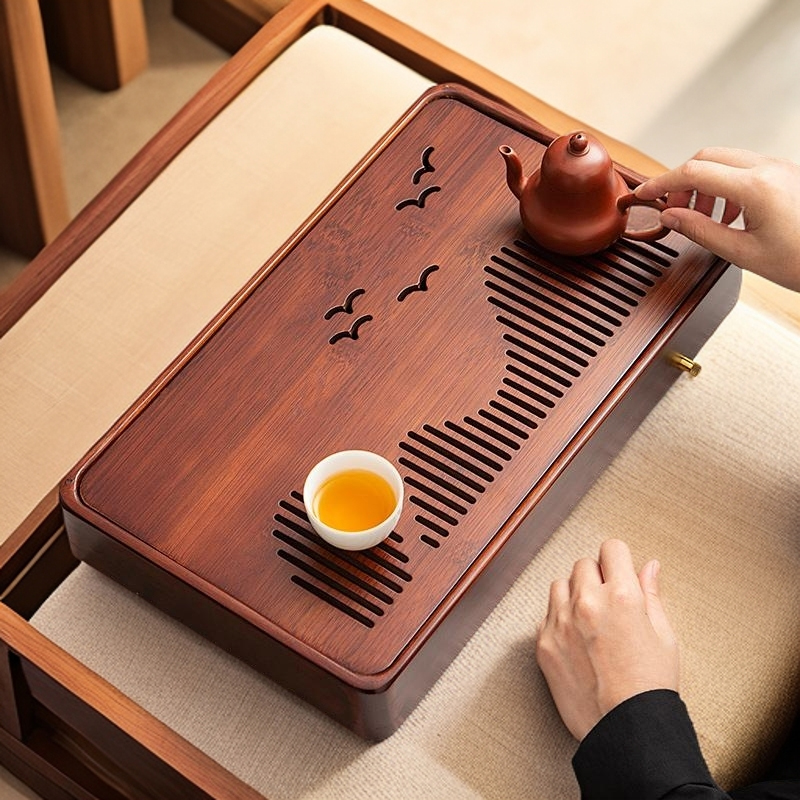 竹制长方形储排两用海鸥茶盘