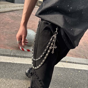 Papr金属抑郁富二代十字架裤链重工双层拼接腰链挂饰