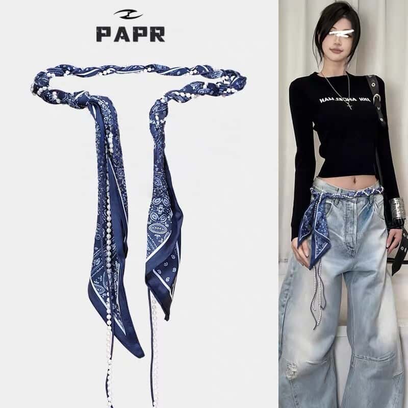 丝巾腰带女细珍珠装饰配裙子裤子牛仔裤复古设计感小众百搭腰链长