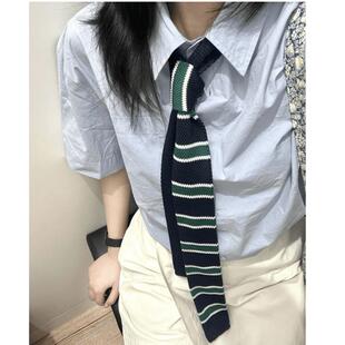 冬季毛织领带蓝白绿条纹针织复古英伦风手打领带百搭衬衫平头型
