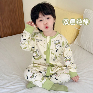 婴儿睡袋薄款宝宝双层纯棉小孩连体睡衣儿童护肚防踢被子春季秋冬