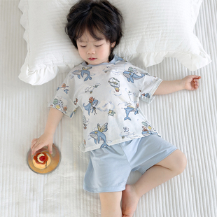 儿童薄款睡衣夏季冰丝男童家居服柔顺天丝女宝宝A类卡通短袖短裤