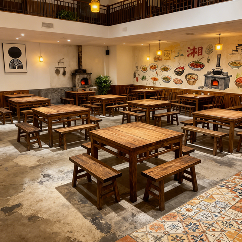 实木餐桌椅组合商用餐厅木质长方形桌子长凳餐饮家具