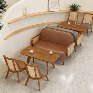 东南亚风餐厅藤编实木椅茶餐厅奶茶店咖啡厅洽谈休闲区桌椅组合