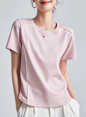 液氨80支丝光棉纯棉v领白色宽松鱼骨线短袖女t恤正肩2025夏季半袖