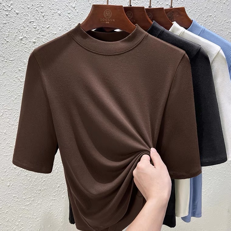 半高领中袖莫代尔t恤女早秋2025年新款立领七分袖内搭打底衫上衣