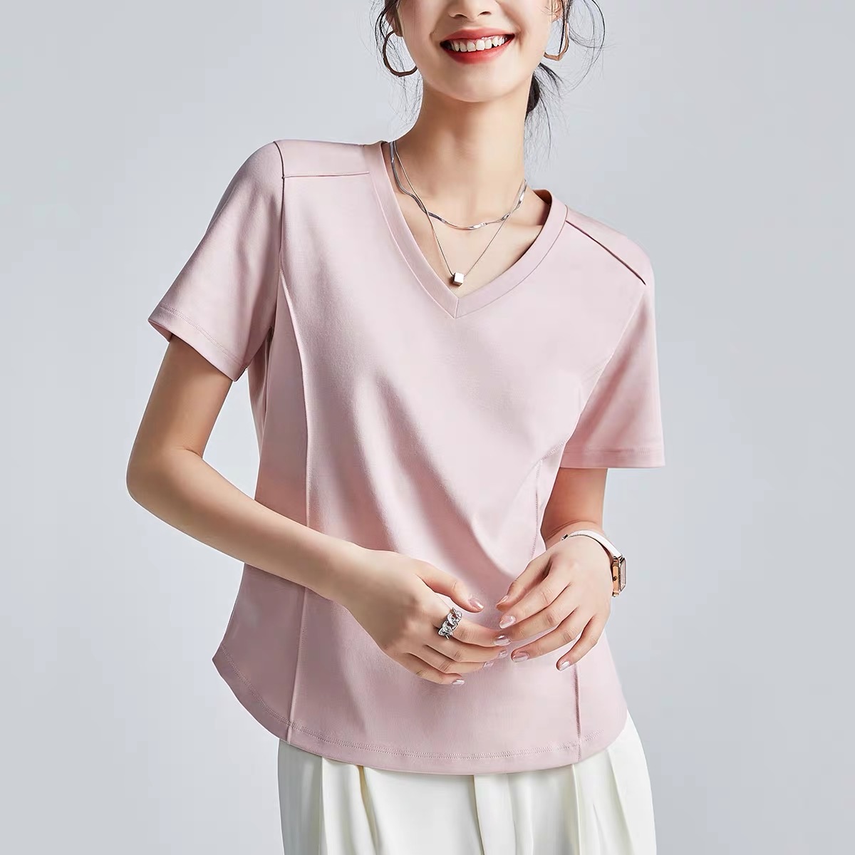 双面丝光棉夏凉感液氨高端大牌纯色大码V领短袖t恤女2024新款爆款